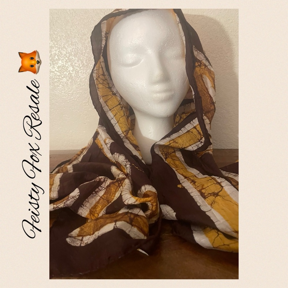 Handprint Made in India Batik Scarf – Brown & Mustard – 68” x 15.5” - Picture 2 of 12